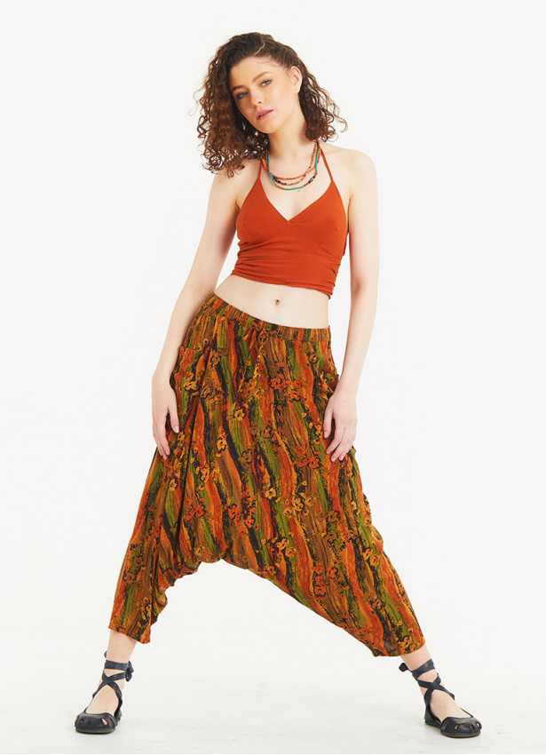 Ethnic Patterned Elastic Waist Capri Harem Pants