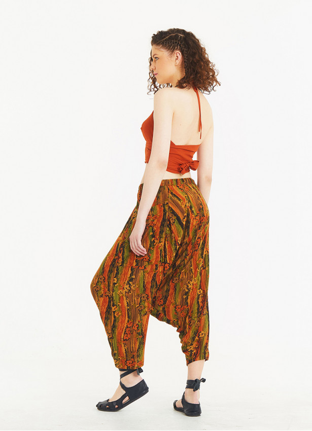 Ethnic Patterned Elastic Waist Capri Harem Pants
