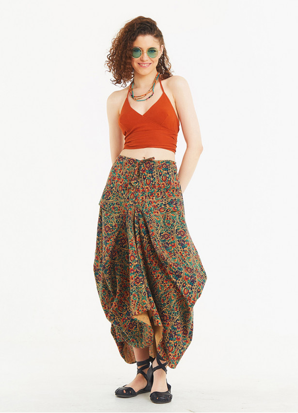 Ethnic Print Oversized Pocket Long Boho Skirt