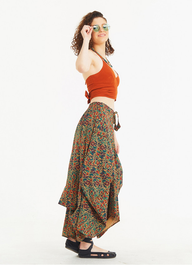 Ethnic Print Oversized Pocket Long Boho Skirt
