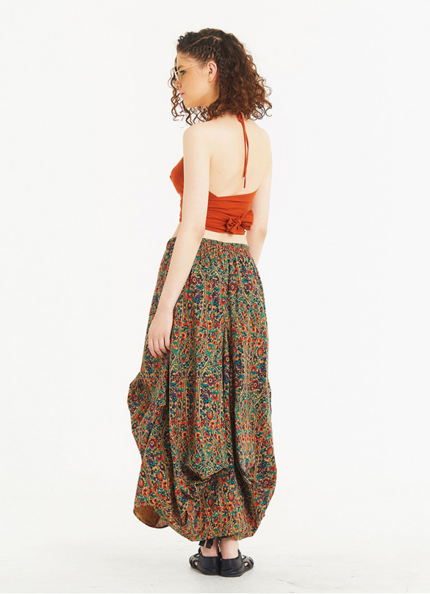 Ethnic Print Oversized Pocket Long Boho Skirt