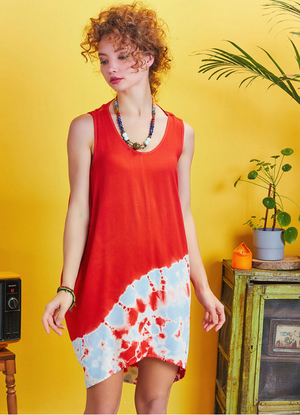 Sleeveless Loose Red Batic Tie Dye Tunic Dress