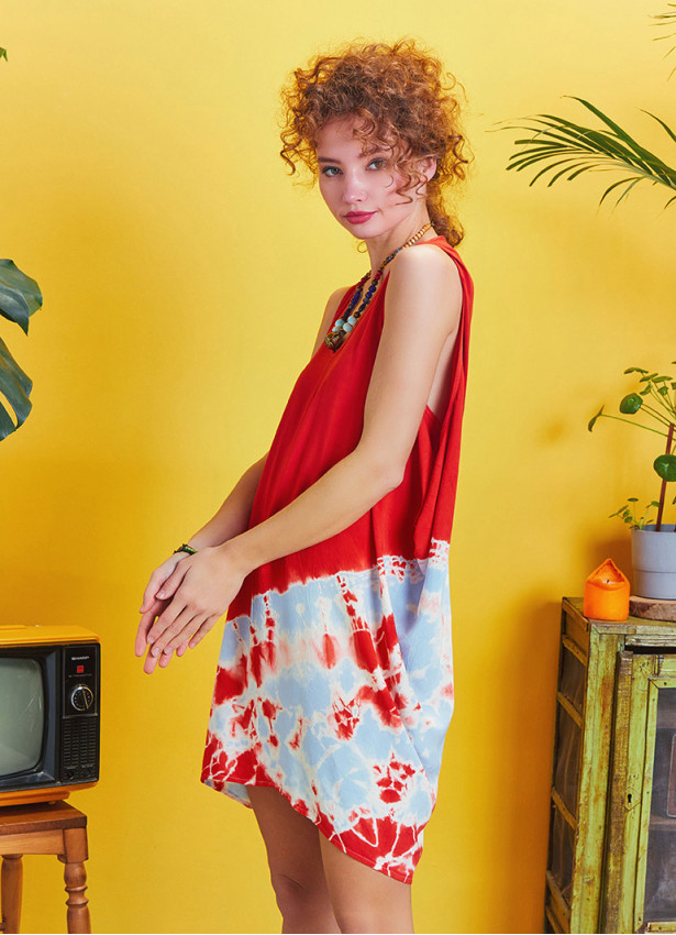 Sleeveless Loose Red Batic Tie Dye Tunic Dress