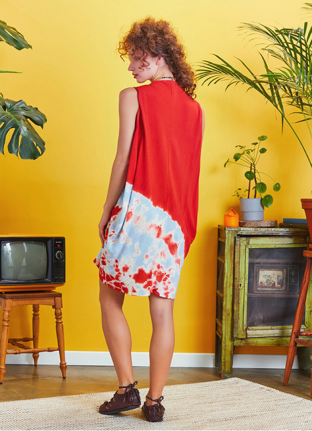 Sleeveless Loose Red Batic Tie Dye Tunic Dress