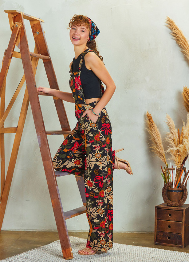 Floral Print Adjustable Buckle Straps Jumpsuit