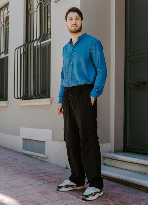 Comfortable Cut Black Mens Trousers With Elastic Waist and Waist
