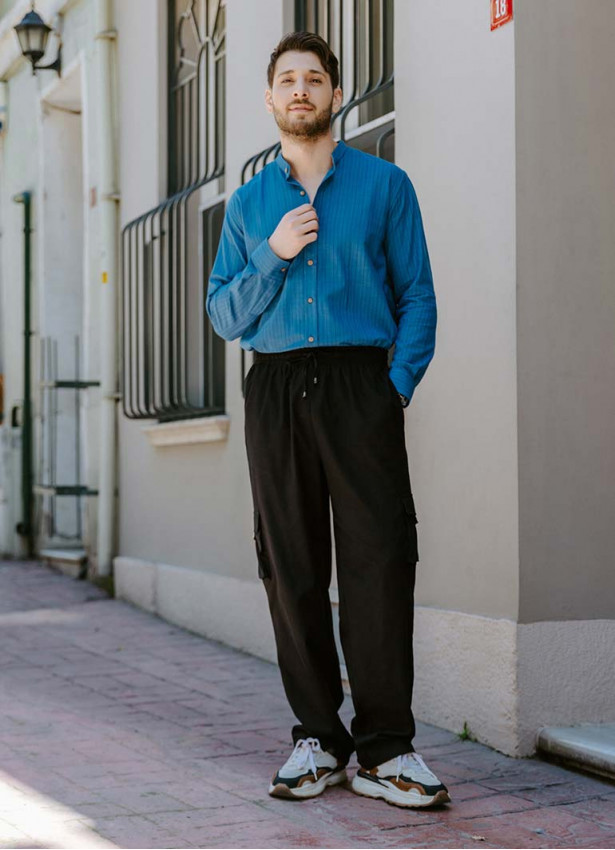 Comfortable Cut Black Mens Trousers With Elastic Waist and Waist