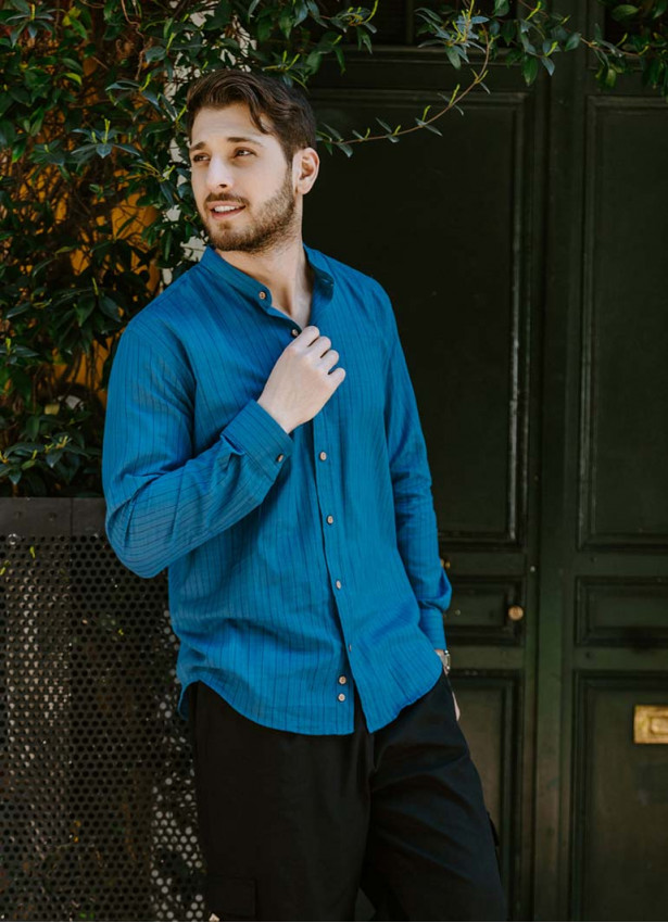 Long Sleeve Blue Striped Men's Cotton Shirt