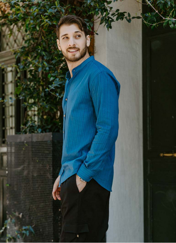 Long Sleeve Blue Striped Men's Cotton Shirt