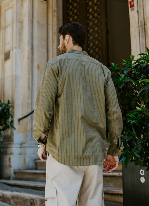 Long Sleeve Khaki Striped Men's Cotton Shirt