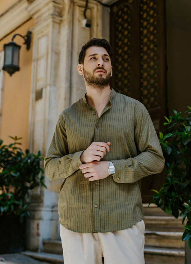 Long Sleeve Khaki Striped Men's Cotton Shirt