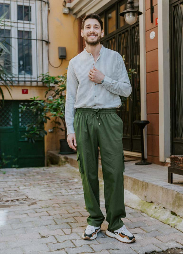 Comfortable Cut Khaki Mens Pants with Elastic Waist