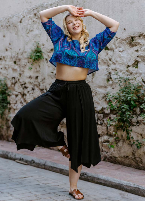 Boho Style Boat Neck Loose Blue Plus Size Top