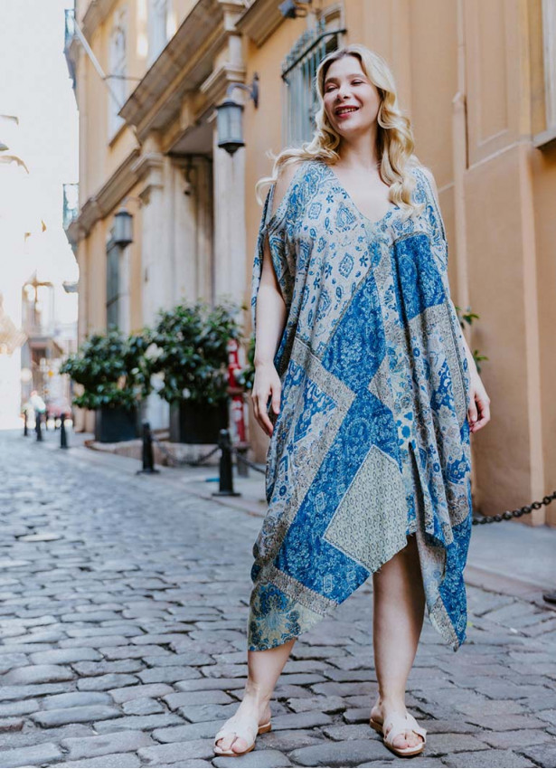 Blue Print Bohemian Style V Neck Cold Shoulder Plus Size Dress