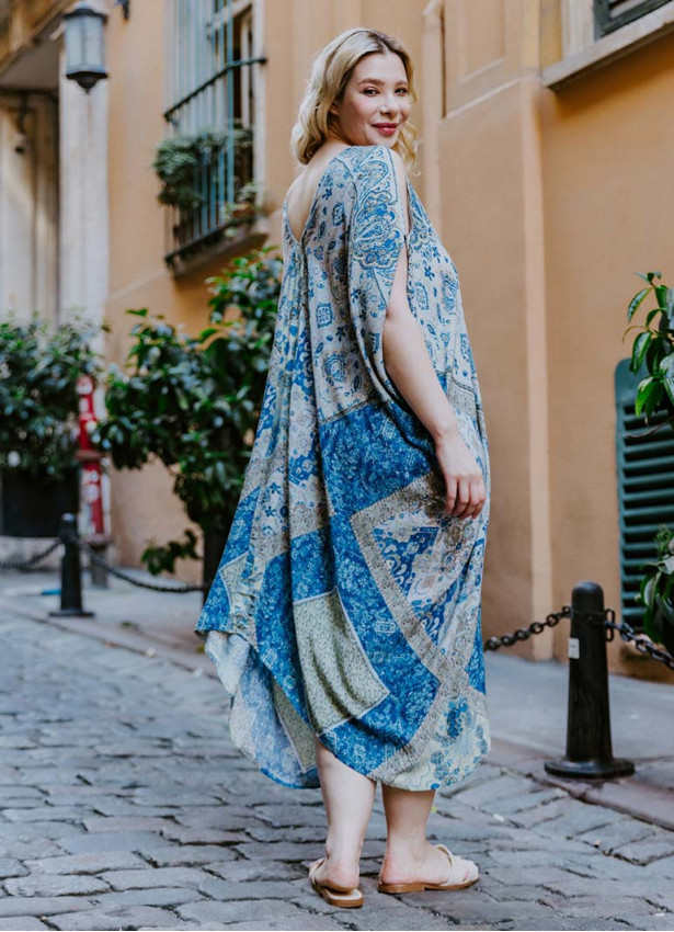 Blue Print Bohemian Style V Neck Cold Shoulder Plus Size Dress