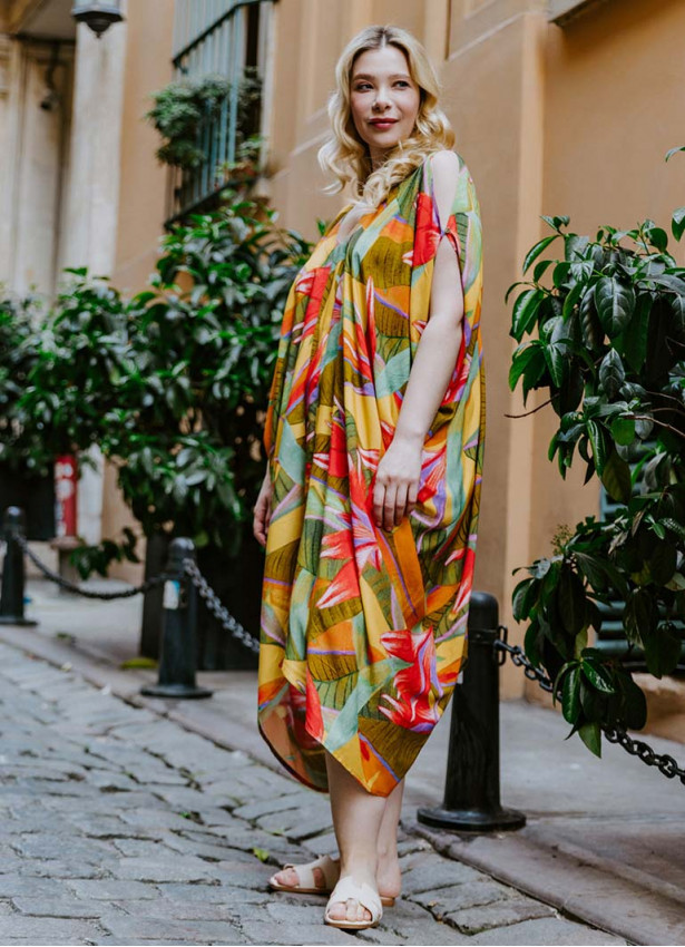 Yellow Print Bohemian Style V Neck Cold Shoulder Plus Size Dress