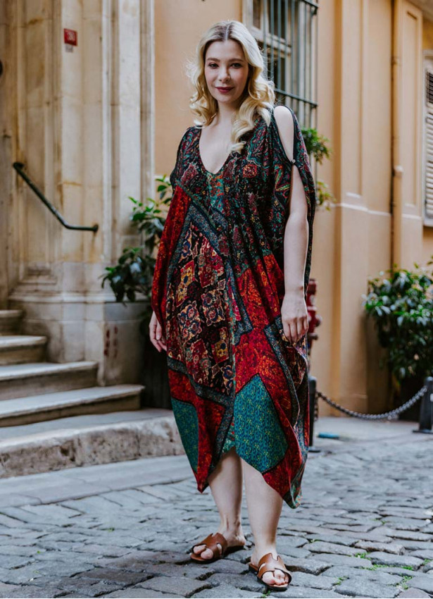 Black Print Bohemian Style V Neck Cold Shoulder Plus Size Dress