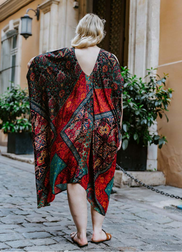 Black Print Bohemian Style V Neck Cold Shoulder Plus Size Dress