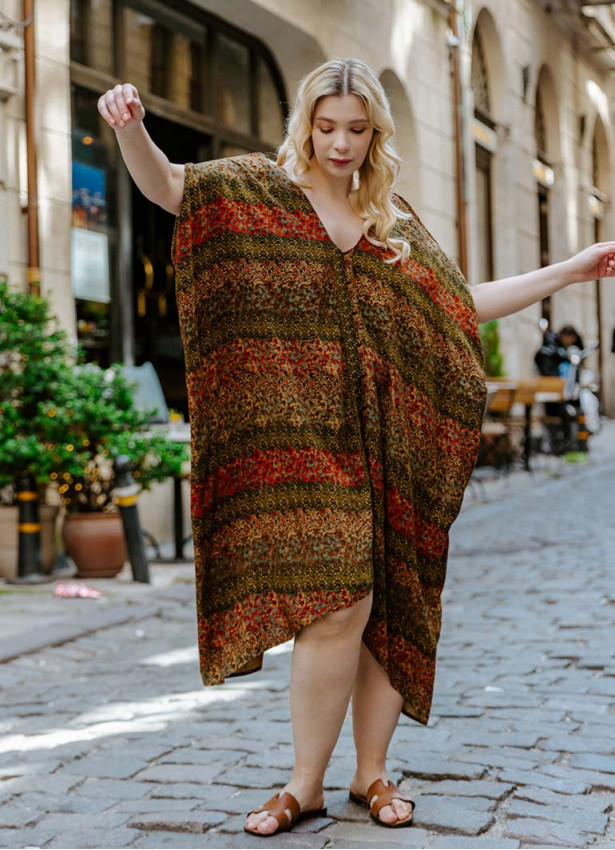 Mustard Print Bohemian Style V Neck Cold Shoulder Plus Size Dress