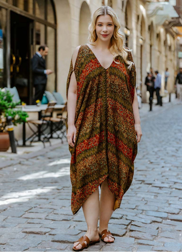 Mustard Print Bohemian Style V Neck Cold Shoulder Plus Size Dress