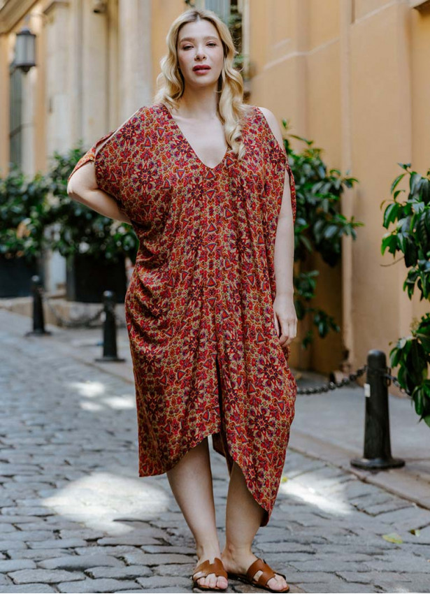 Red Print Bohemian Style V Neck Cold Shoulder Plus Size Dress