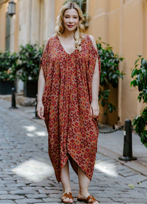 Red Print Bohemian Style V Neck Cold Shoulder Plus Size Dress