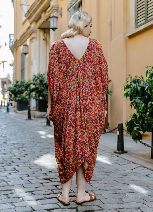 Red Print Bohemian Style V Neck Cold Shoulder Plus Size Dress