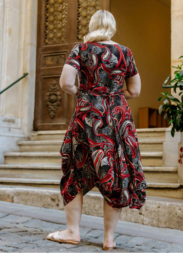 Black Print Big Pockets Half Sleeve Plus Size Dress