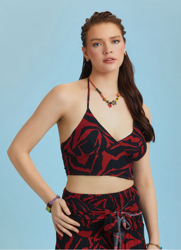 Gathered Tie Back Bust Cup Halter Black Red Crop Top
