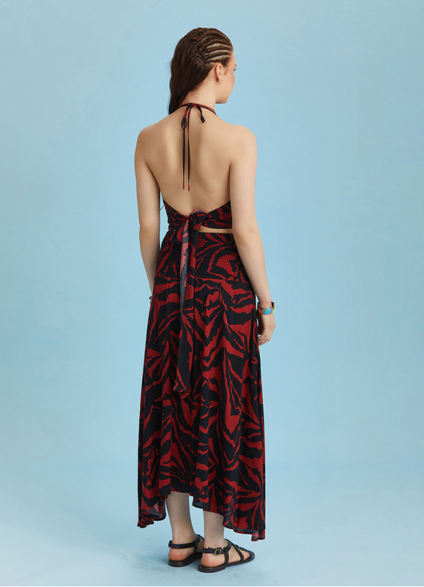 Shabby Red Patterned Asymmetric Skirt