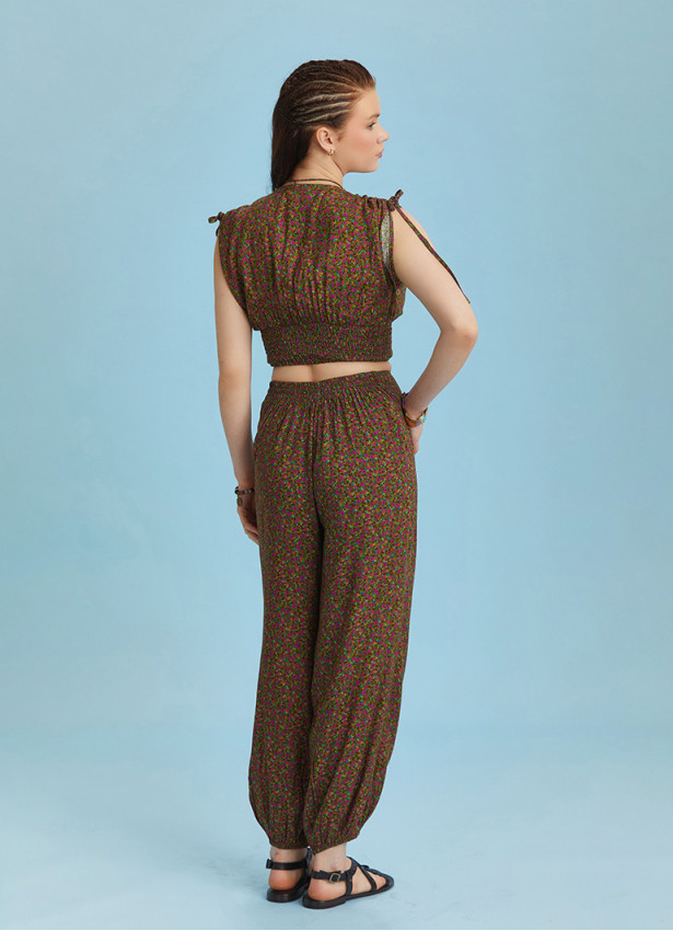 Floral Patterned Elastic Waist and Hem Mid Rise Harem Pants