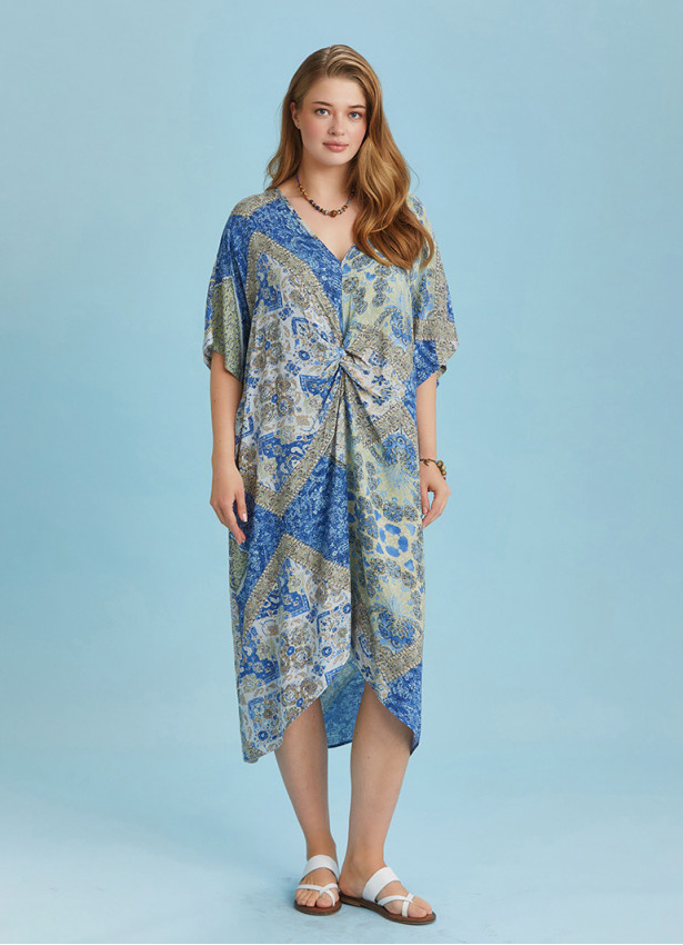 Twist Front Loose Blue Bat Wing Plus Size Dress