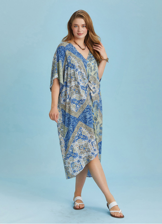 Twist Front Loose Blue Bat Wing Plus Size Dress