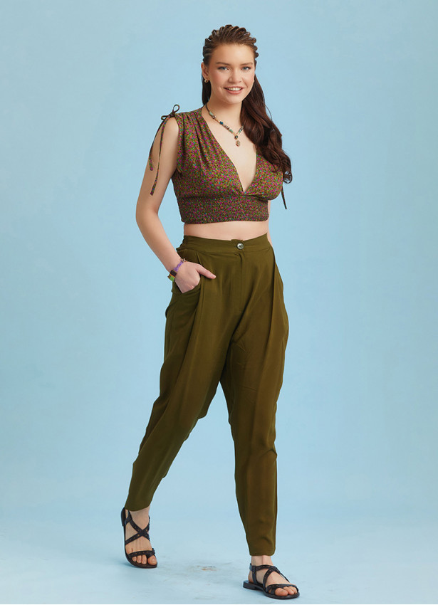 Drop Crotch Khaki Pleated Summer Pants