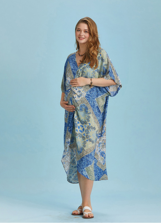 Twist Front Loose Blue Bat Wing Maternity Dress
