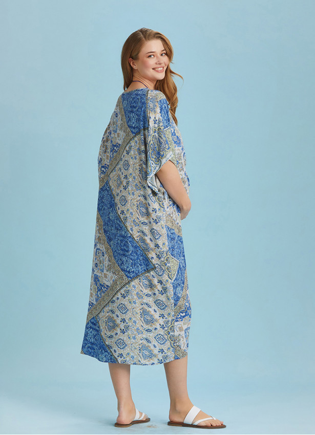 Twist Front Loose Blue Bat Wing Maternity Dress