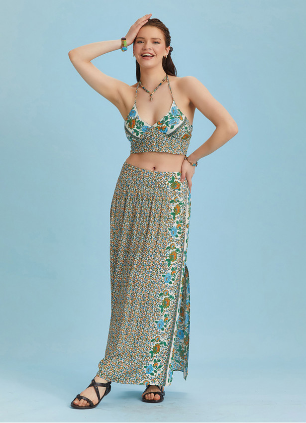 Floral Print Elastic Waist Side Slit Long Boho Skirt