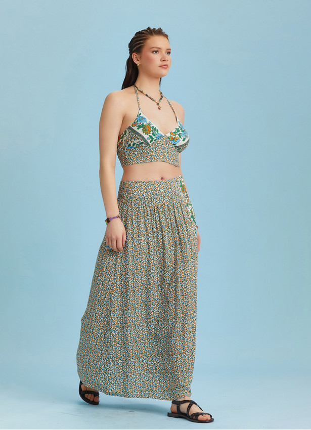 Floral Print Elastic Waist Side Slit Long Boho Skirt