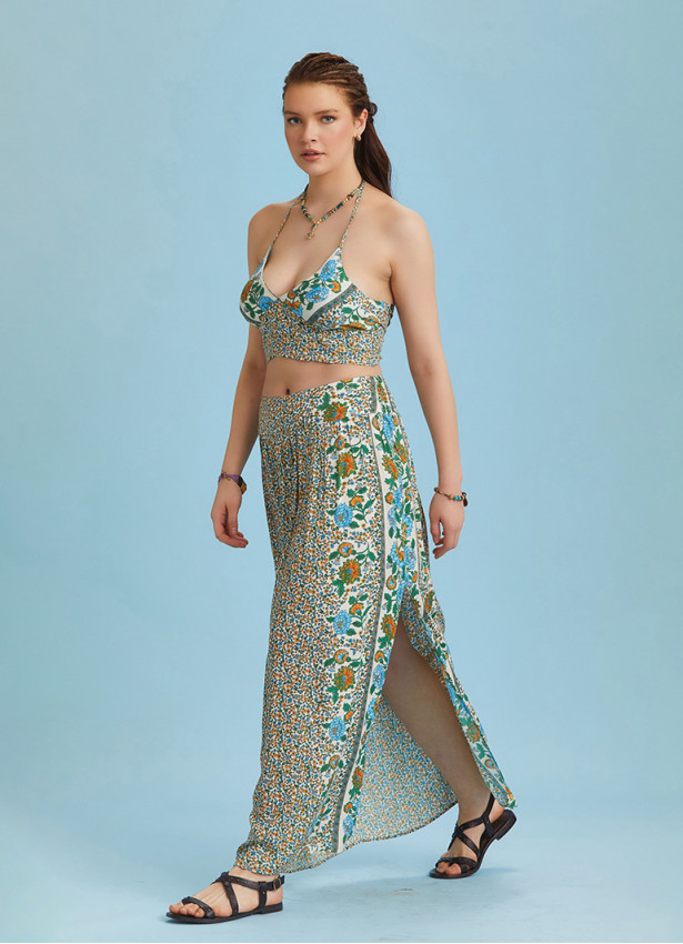 Floral Print Elastic Waist Side Slit Long Boho Skirt