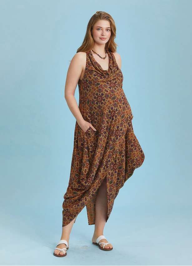 Bohemian Stylish Authentic Degaje Neck Patterned Maternity Dress