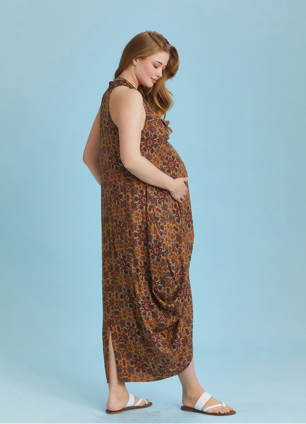 Bohemian Stylish Authentic Degaje Neck Patterned Maternity Dress