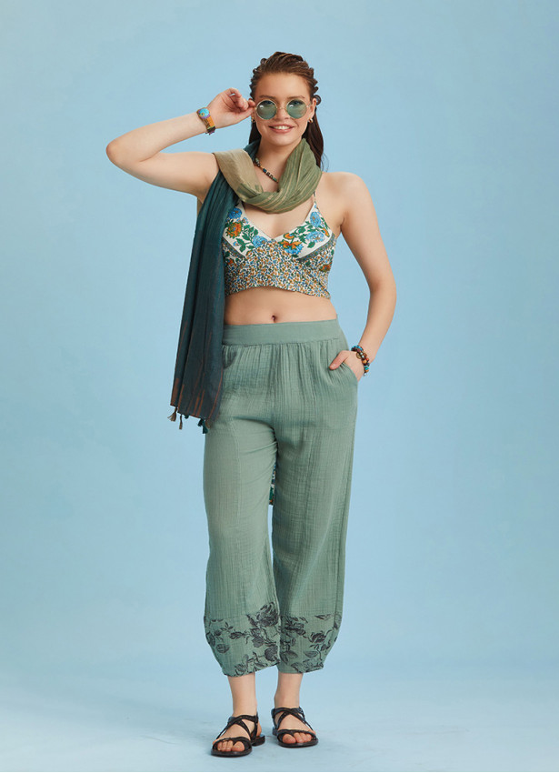 Rose Print Garnished Hem Detail Khaki Muslin Pants