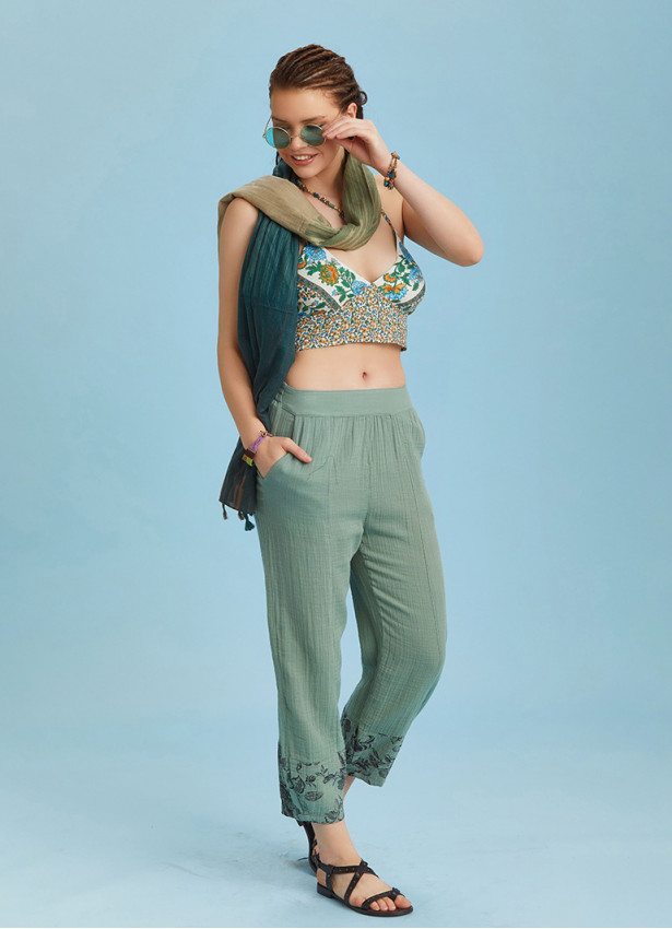 Rose Print Garnished Hem Detail Khaki Muslin Pants