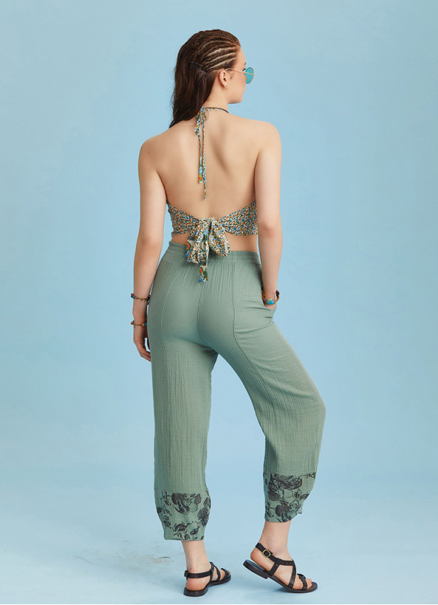 Rose Print Garnished Hem Detail Khaki Muslin Pants