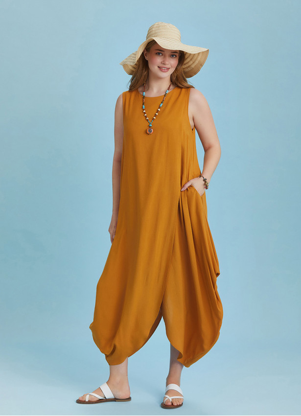Sleeveless Front Layered Yellow Baggy Plus Size Dress