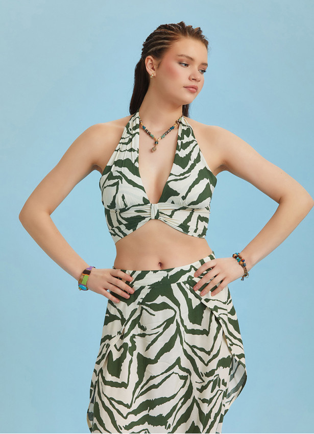 Boho Chic Shirred Neck Halter Crop Top