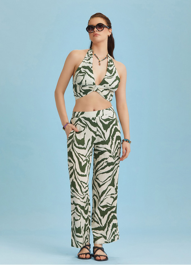 Green Printed Elastic Waist Boho Pants