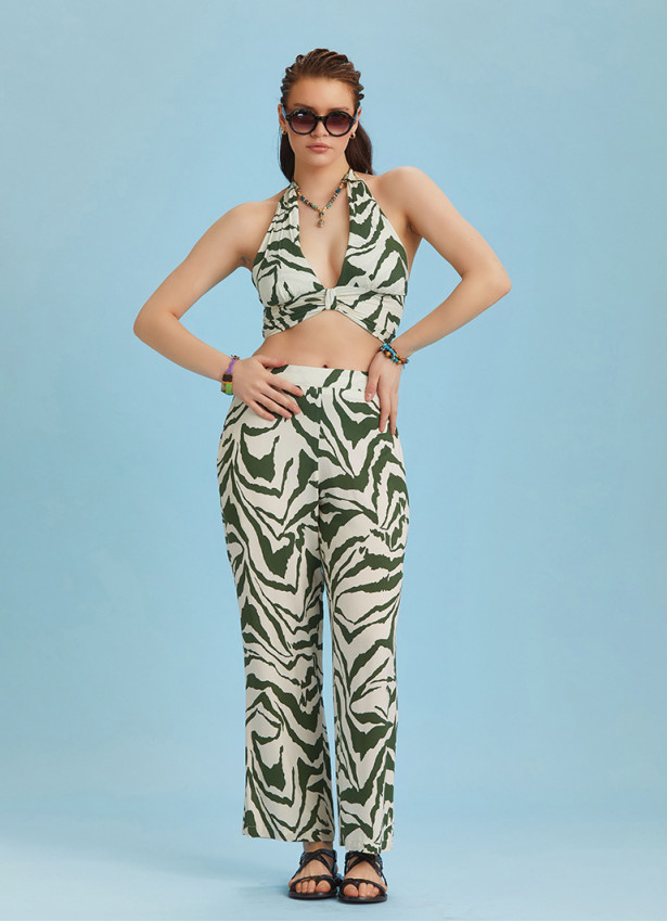 Green Printed Elastic Waist Boho Pants