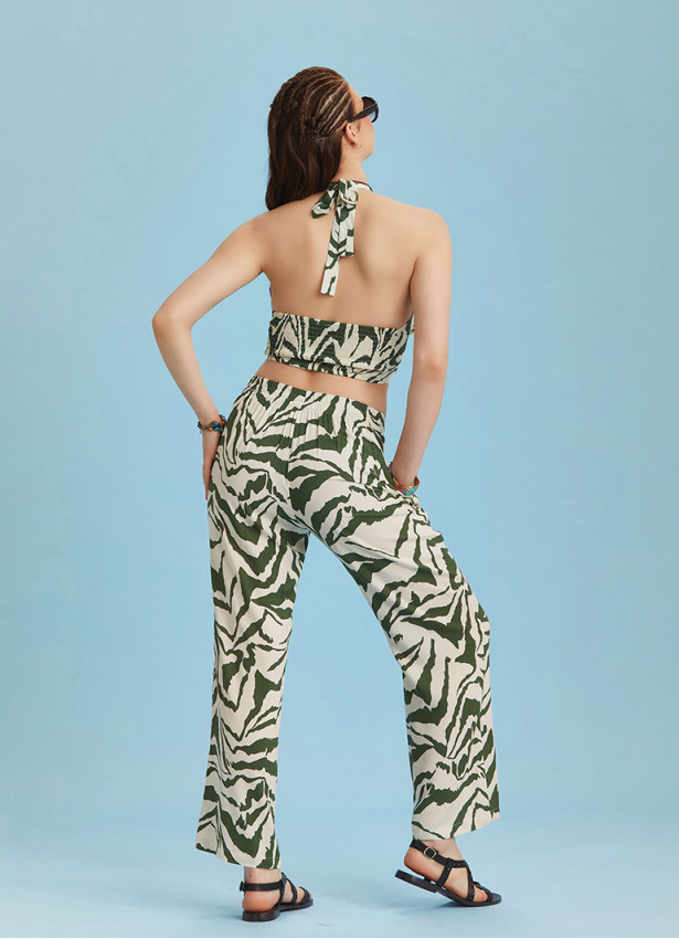 Green Printed Elastic Waist Boho Pants