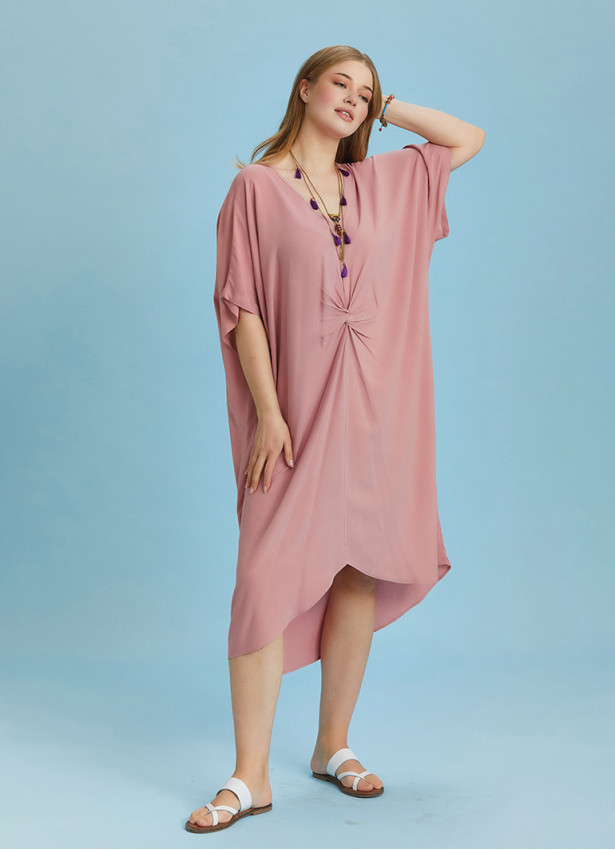Twist Front Loose Pink Bat Wing Plus Size Dress